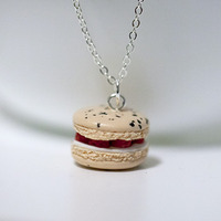 Kawaii Cute Miniature Food Necklaces - Raspberry Macaron with Cream Sterling Silver Chain - Thumbnail 1