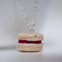 Kawaii Cute Miniature Food Necklaces - Raspberry Macaron with Cream Sterling Silver Chain - Thumbnail 2