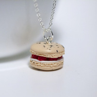 Kawaii Cute Miniature Food Necklaces - Raspberry Macaron with Cream Sterling Silver Chain - Thumbnail 3