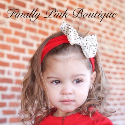 Champagne sequin bow on red headwrap 