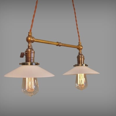 Twin pendant lamp w/ glass shades - vintage industrial ceiling fixture
