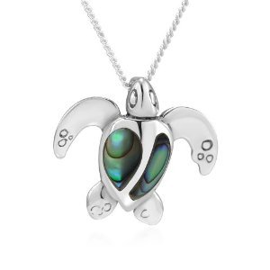 Sterling Silver Necklace w/Green Abalone Shell Turtle Pendant-Womens
