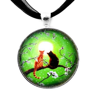 Two cats on cherry blossom tree-silver and glass pendant w/nylon-lace necklace-green w/2 cat-womens