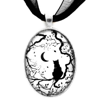 Black cat on tree w/moon-silver and glass pendant w/nylon-lace necklace-white w/1 black cat-womens