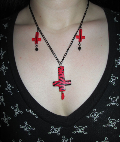 Inverted Cross Necklace with Skull Charm (Red)