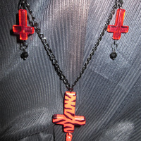 Inverted Cross Necklace with Skull Charm (Red) - Thumbnail 1
