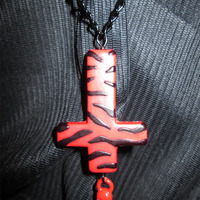 Inverted Cross Necklace with Skull Charm (Red) - Thumbnail 3