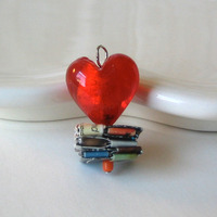 Ruby Red Glass Heart Pendant With Reclaimed Paper Gem - Eco Chic Necklace - Thumbnail 1