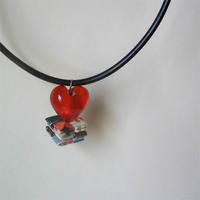 Ruby Red Glass Heart Pendant With Reclaimed Paper Gem - Eco Chic Necklace - Thumbnail 2