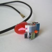 Ruby Red Glass Heart Pendant With Reclaimed Paper Gem - Eco Chic Necklace - Thumbnail 3