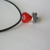 Ruby Red Glass Heart Pendant With Reclaimed Paper Gem - Eco Chic Necklace - Thumbnail 4