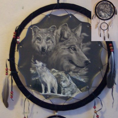 Wolves portrait dream catcher-13 inch white/gray