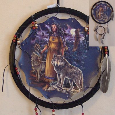 Woman w/wolves portrait dream catcher-native american-13 inch blue/brown
