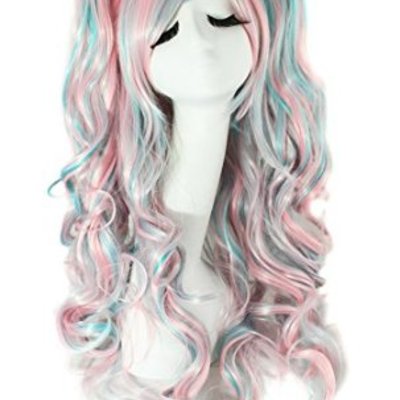 Anime long wavy w/removable 2 clip pony tails-anime wig-80 cm-color-cotton candy fade-womens
