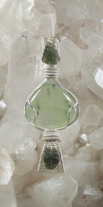 Prehnite/Epidote Cabochon with Moldavite Pendant