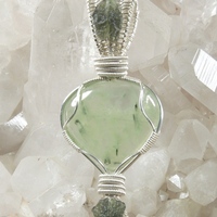 Prehnite/Epidote Cabochon with Moldavite Pendant - Thumbnail 1