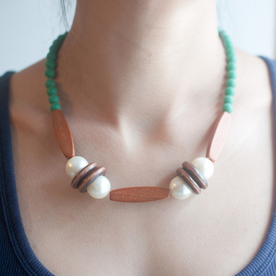 Green Resin Brown Tube Wooden Glass Pearl Round Disc Statement Necklace, Resin Beaded Collar Necklace, Earth Tone Necklace NL0755