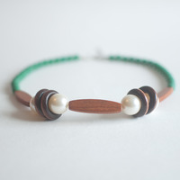 Green Resin Brown Tube Wooden Glass Pearl Round Disc Statement Necklace, Resin Beaded Collar Necklace, Earth Tone Necklace NL0755 - Thumbnail 2