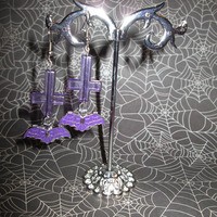 Bats and Inverted Cross Earrings (Purple) - Thumbnail 1