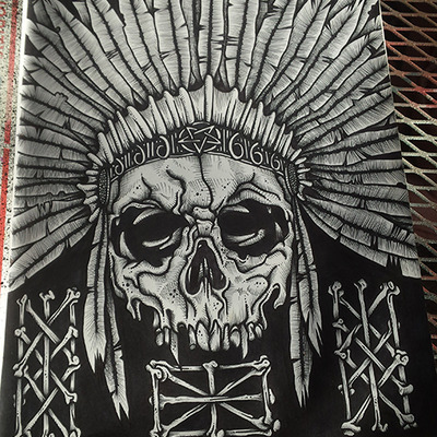 Skull with native headdress drawing