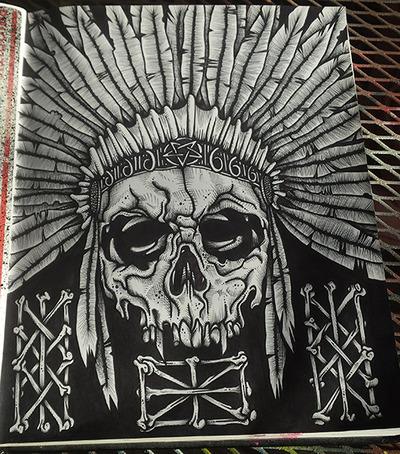 Skull with Native Headdress Drawing