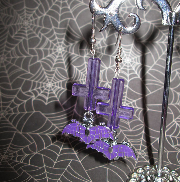 Bats and Inverted Cross Earrings (Purple)