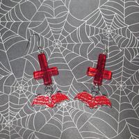 Bats and Inverted Cross Earrings (Red) - Thumbnail 2