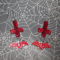 Bats and Inverted Cross Earrings (Red) - Thumbnail 3
