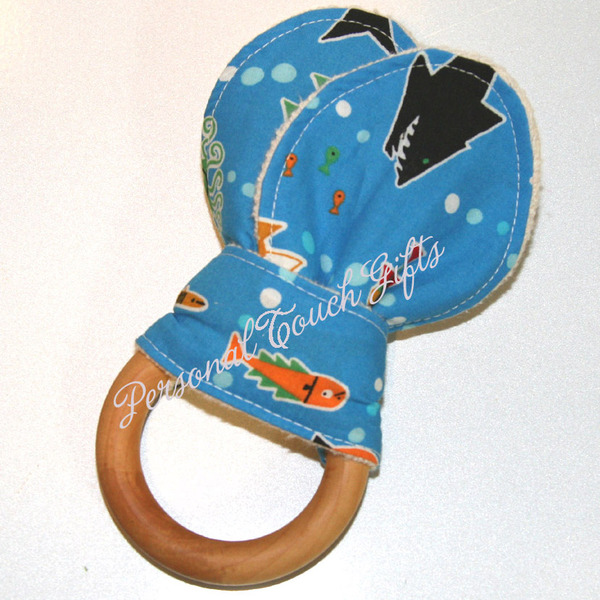 Blue Whales and Sharks ORGANIC Wooden Teething Ring Teether Toy