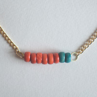 Orange Green Blue Wood Resin Small Beads Pendant Necklace, Initial Small Beaded Necklace, Locket Initial Pendants Necklace, NL0744 - Thumbnail 4