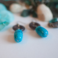 Blue Faux Turquoise Earrings Wooden Beaded Drop Earrings Dangle Brown Bridesmaid Gift Idea Personalized Birthstone Earrings ER0665 - Thumbnail 2