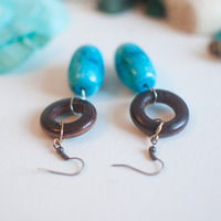 Blue Faux Turquoise Earrings Wooden Beaded Drop Earrings Dangle Brown Bridesmaid Gift Idea Personalized Birthstone Earrings ER0665 - Thumbnail 3