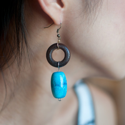 Blue Faux Turquoise Earrings Wooden Beaded Drop Earrings Dangle Brown Bridesmaid Gift Idea Personalized Birthstone Earrings ER0665
