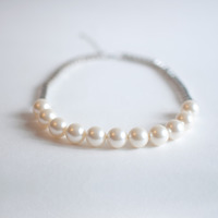 Glass Pearl White Silver Chain Wedding Statement Necklace, Faux Crystal Pearl Jewelry Chunky Vintage Necklace, NL0740 - Thumbnail 2