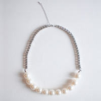 Glass Pearl White Silver Chain Wedding Statement Necklace, Faux Crystal Pearl Jewelry Chunky Vintage Necklace, NL0740 - Thumbnail 1