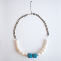 Wooden Beaded Pearl Statement Necklace NL0746 - Thumbnail 1