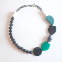 Black Green Glass Necklace Stylish Necklace Vintage Fashion Necklace Chunky Necklace Unique Style, NL0663 - Thumbnail 1