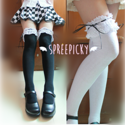 2 colors available]cosplay/lolita lace with ribbon over knees stockings sp141532