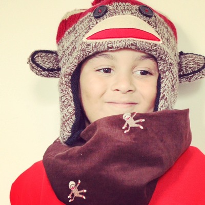 Sock Monkey Embroidered Corduroy Infinity Scarf