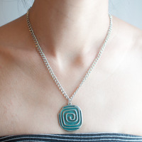 Blue Green Metal Silver Pendant Necklace NL0722 - Thumbnail 4