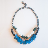 Blue Green White Black Multi Strand Statement Necklace NL0605 - Thumbnail 1
