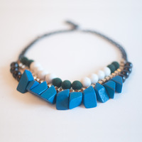 Blue Green White Black Multi Strand Statement Necklace NL0605 - Thumbnail 2