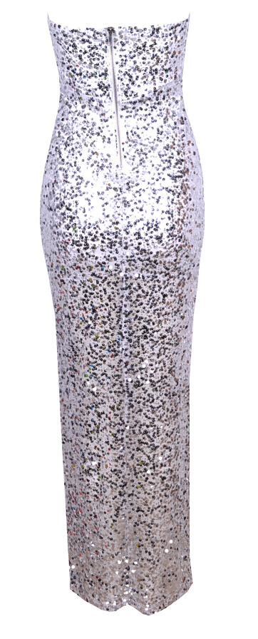 Silver Sequin Long Strapless Dress