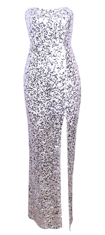 Silver Sequin Long Strapless Dress