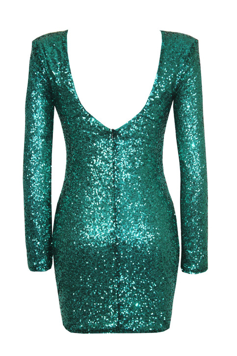 Green Halter fitting long sleeved tight sequined dresses