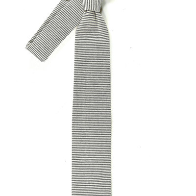 Wedding mens skinny necktie- striped black  ivory chambray- laid-back necktie