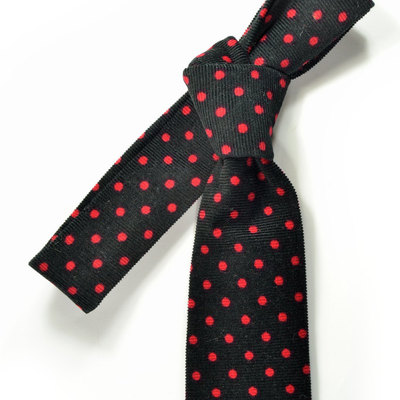 Mens tie skinny necktie corduroy black and red polka dots