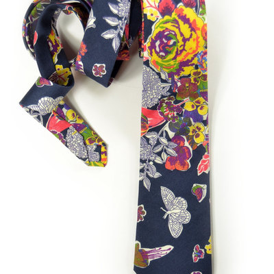 Wedding mens necktie navy blue with yellow red green flowers