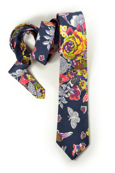 Wedding Mens Necktie navy blue with yellow red green flowers