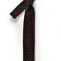 Mens Tie Skinny Necktie corduroy black and red polka dots - Thumbnail 1
